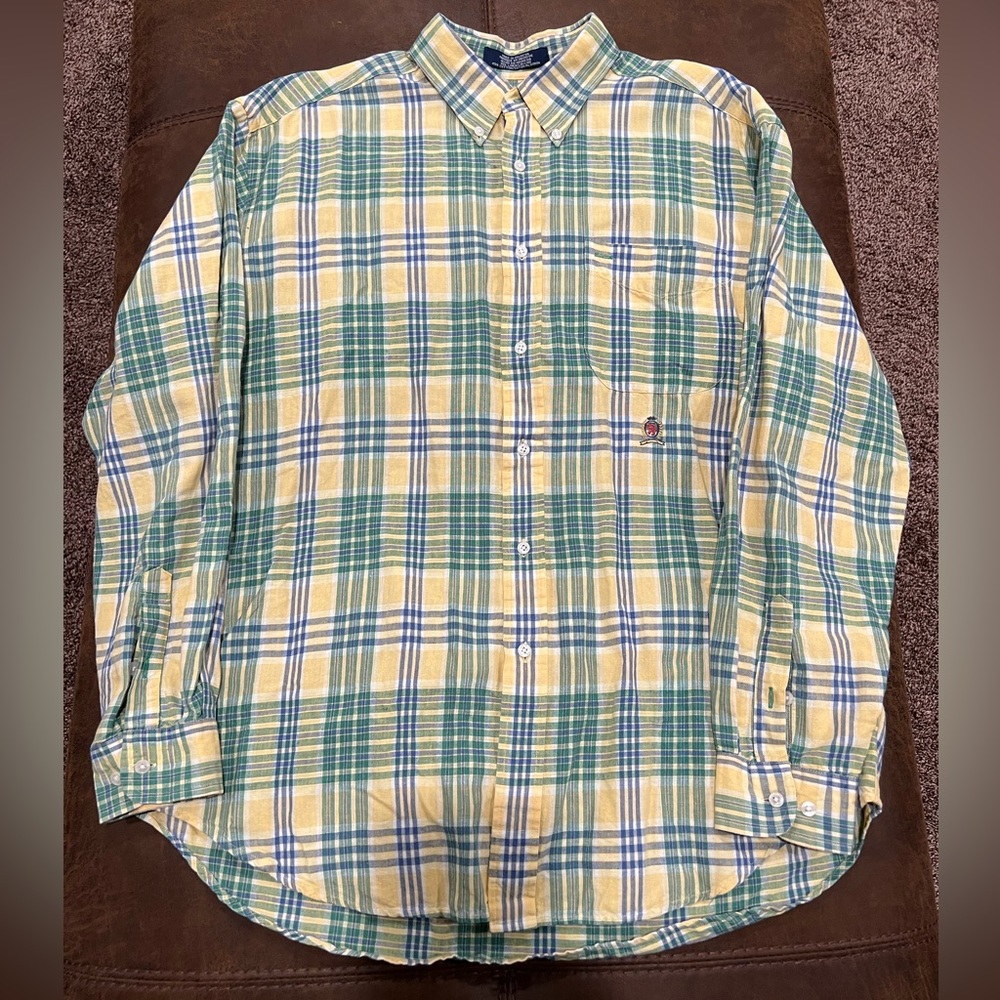 Tommy Hilfiger classic button down long sleeve shirt yellow plaid men’s large